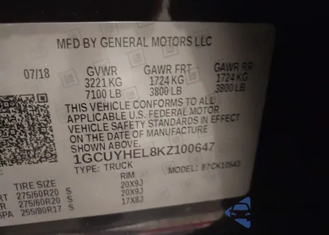 2019 Chevrolet Silverado 1500 High Country z USA, uszkodzony, nr VIN 1GCUYHEL8KZ100647